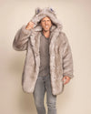 Men's Arctic Wolf faux fur coat with oversized wolf-ear hood, ideal for Burning Man, winter trips, music festivals