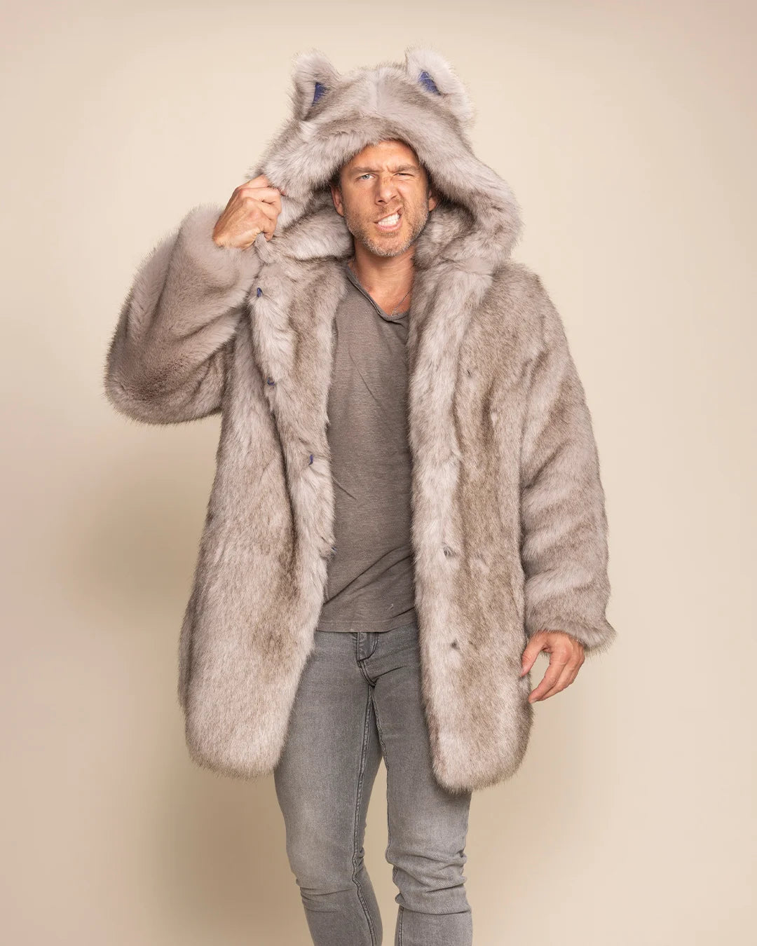 Men's Arctic Wolf faux fur coat with oversized wolf-ear hood, ideal for Burning Man, winter trips, music festivals