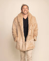 SpiritHoods mens Cougar tan faux fur coat with premium plush finish and custom animal face buttons.