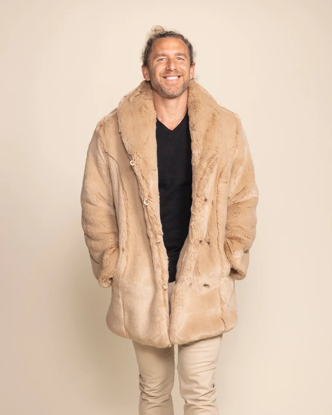SpiritHoods mens Cougar tan faux fur coat with premium plush finish and custom animal face buttons.