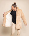 Unisex tan cougar fake fur coat, perfect for festival fashion with 4 pockets and adjustable oversized collar.