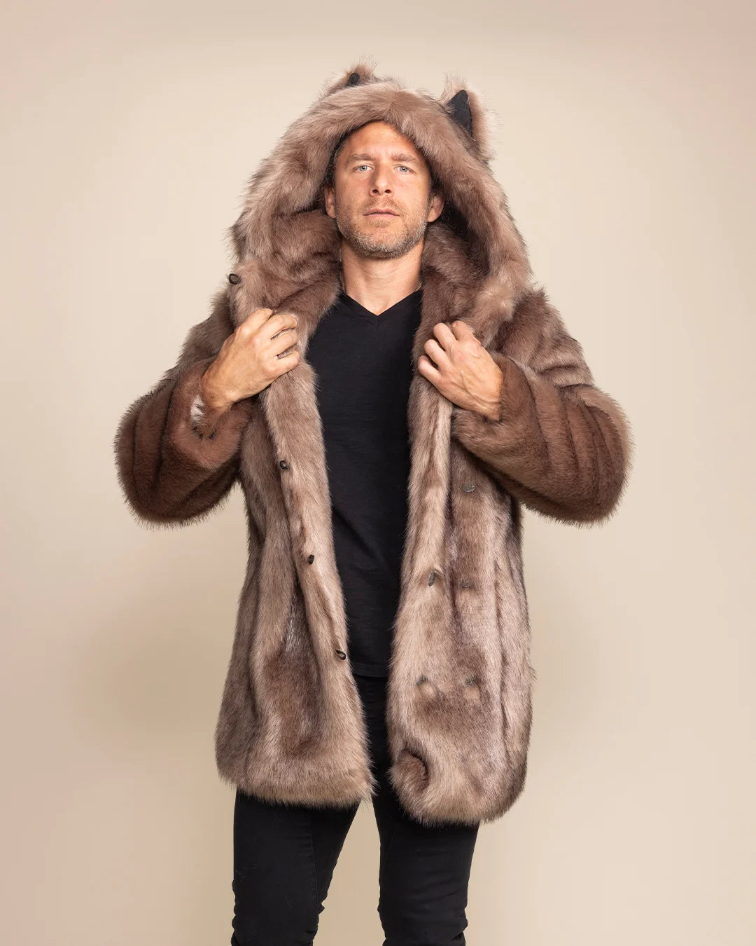 Men's Italian Wolf faux fur coat with oversized hood, wolf-ears, ideal for Burning Man and music festivals.
