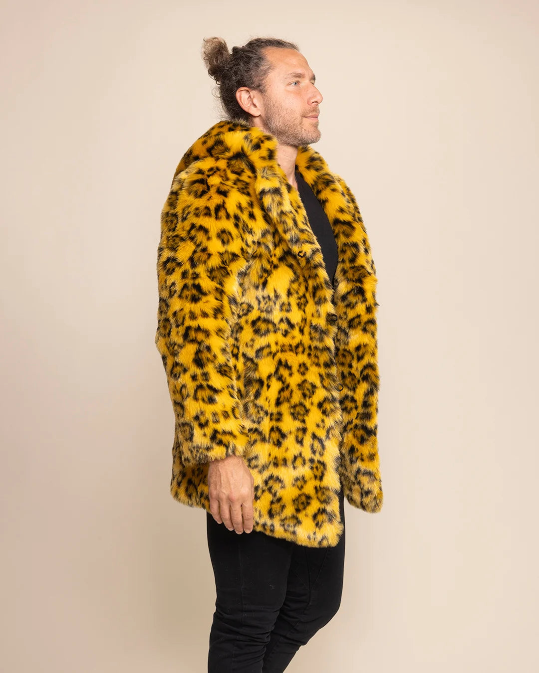 Top-rated festival fashion for men: the yellow cheetah fur parka with a large animal-ear hood and 4 pockets.