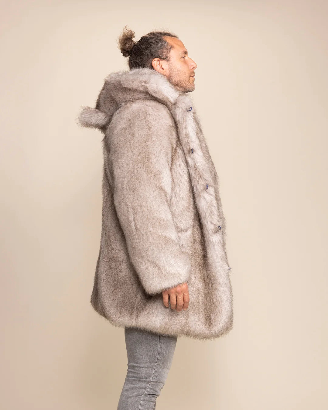 100% vegan men's wolf fur jacket in light grey with 4 functional pockets and custom  animal buttons.