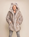 Heavyweight unisex grey fake fur parka featuring a signature animal ear hood and plush fake fur with cobalt blue liner