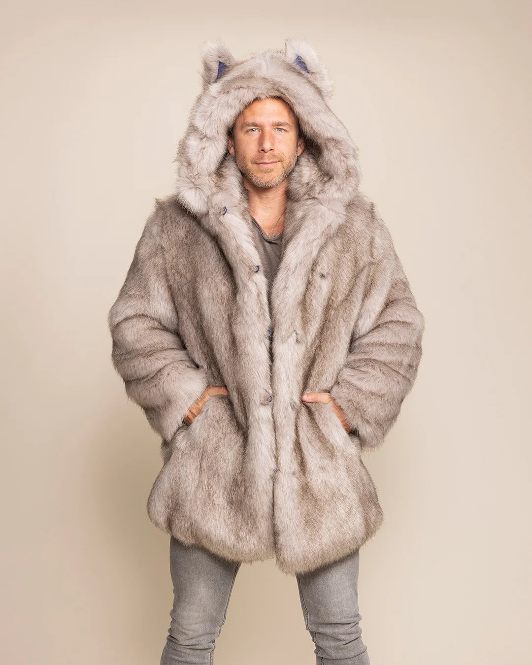 Men's Arctic Wolf faux fur coat with oversized wolf-ear hood, ideal for Burning Man, winter trips, music festivals