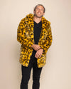 High-end mens streetwear: a colorful yellow cheetah faux fur coat with a relaxed silhouette and ultra-soft finish