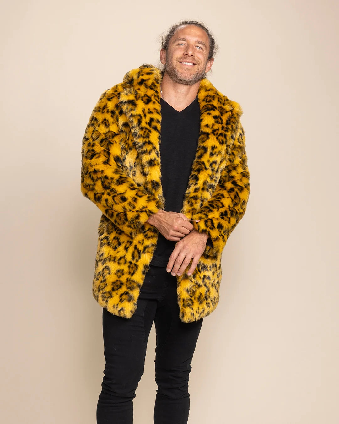 High-end mens streetwear: a colorful yellow cheetah faux fur coat with a relaxed silhouette and ultra-soft finish