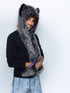 Man wearing faux fur Mystic Wolf Galaxy CE SpiritHood, side view 1