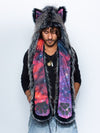 Man wearing faux fur Mystic Wolf Galaxy CE SpiritHood, front view 2