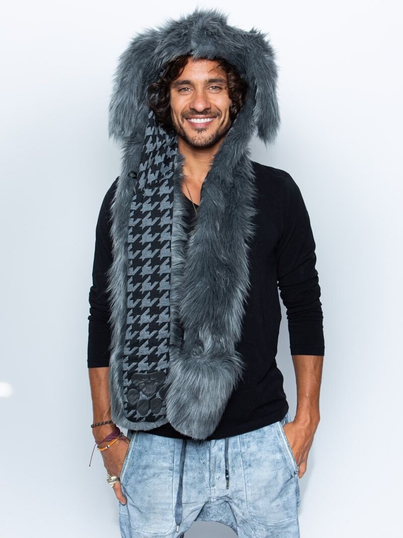 Man wearing faux fur Nasty Rabbit 2.0 LE SpiritHood, front view 2