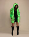Woman wearing a Neon Green Leopard luxe faux fur coat with an oversized hood and vibrant animal print.