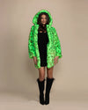 Front view of a neon green leopard hooded coat showing the signature peacoat buttons and oversized feline hood.