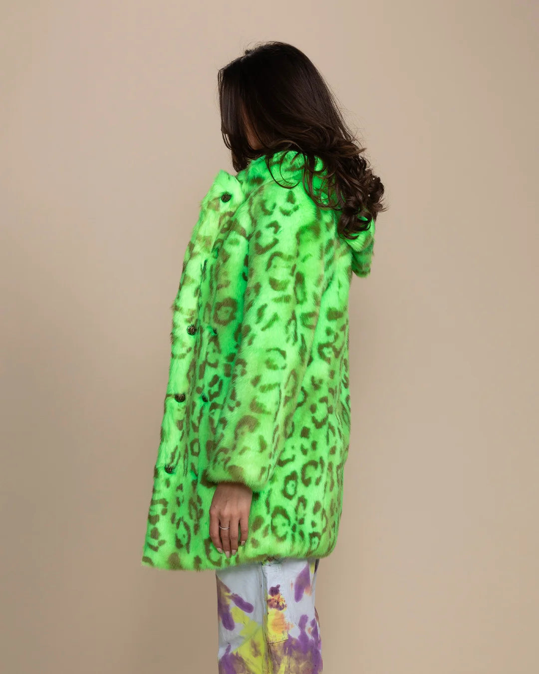 Bold streetwear for women featuring a neon green leopard luxe fake fur coat with a relaxed, comfortable fit.