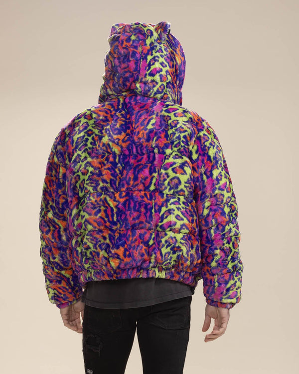 Men's Puffer Jacket With Hood | Colorful Neon Disco Cat - SpiritHoods