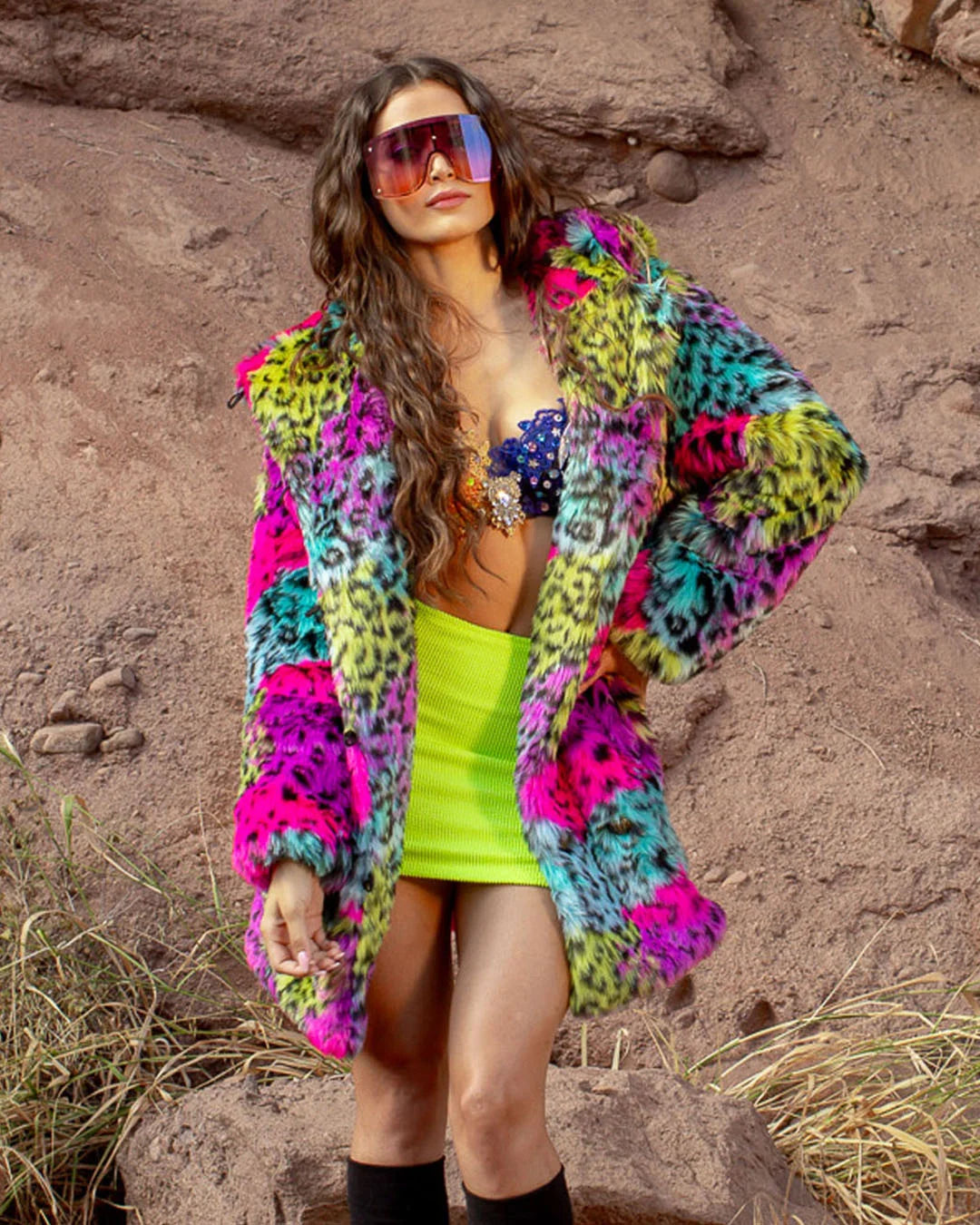Colorful Faux Fur Coat Womens | Neon Graffiti Leopard Print Colorful Faux Fur Coat Womens | Neon Graffiti Leopard Print