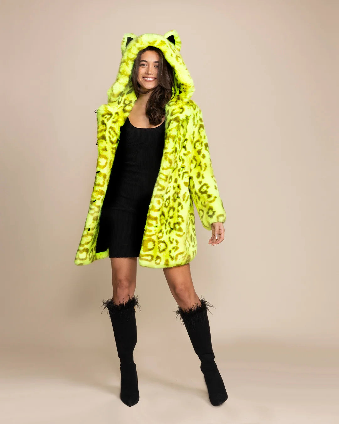 Ultra-soft neon leopard faux fur parka for women, featuring 100% vegan fashion and a signature leopard ear hood.