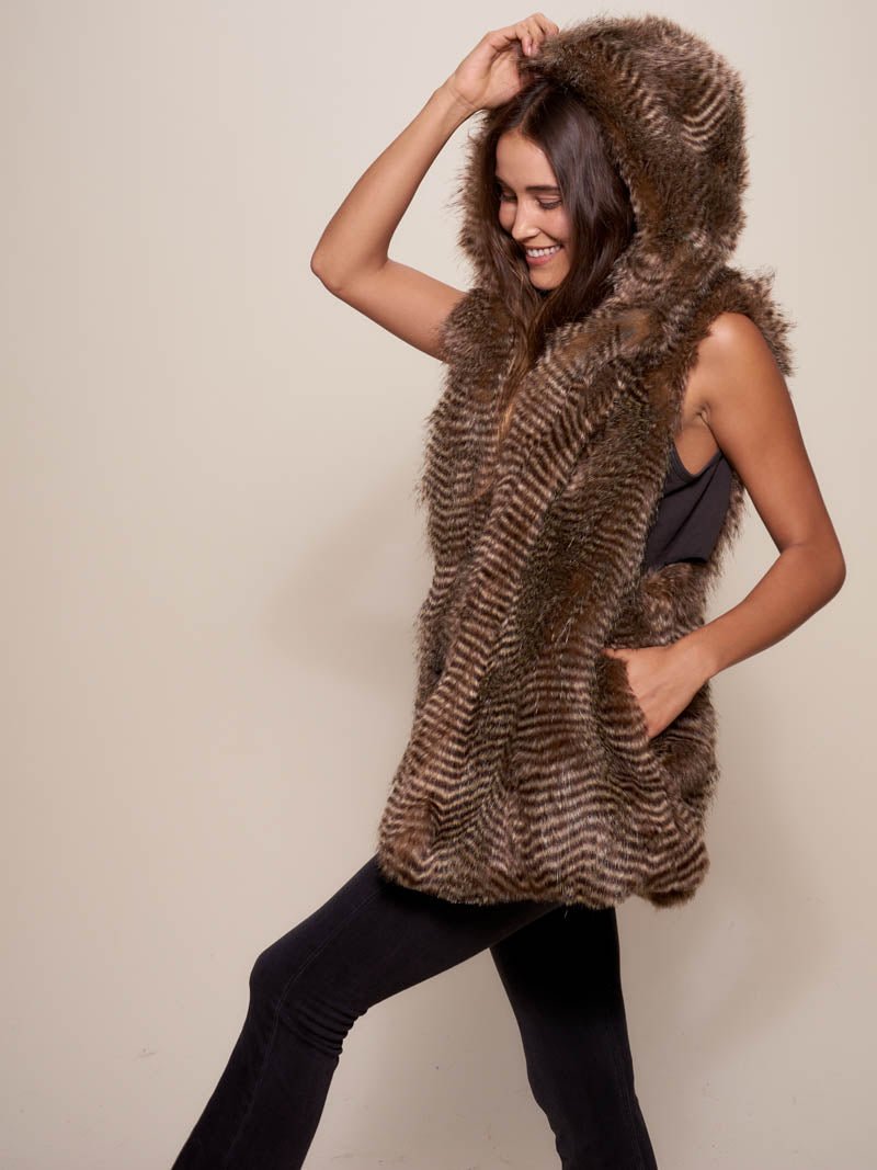 Brown Nighthawk Hooded Faux Fur Vest on Female