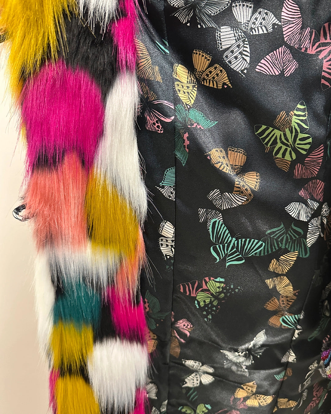 *Sample* Long Faux Fur Coat | Rainbow Butterfly - X-Small