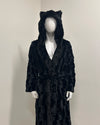 Black plush robe with cat ears on a mannequin against a neutral background