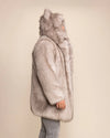 Durable men's plush fake fur jacket featuring a large hood with ears and distinct custom wolf buttons.