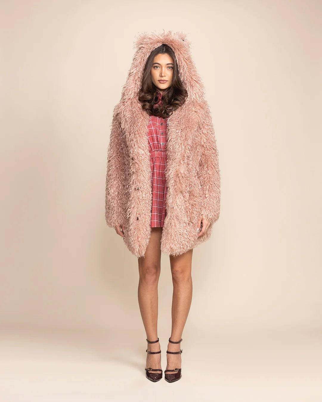 Detail view of the Pink Cat Classic coat showing the shaggy feline ears and signature relaxed silhouette. 