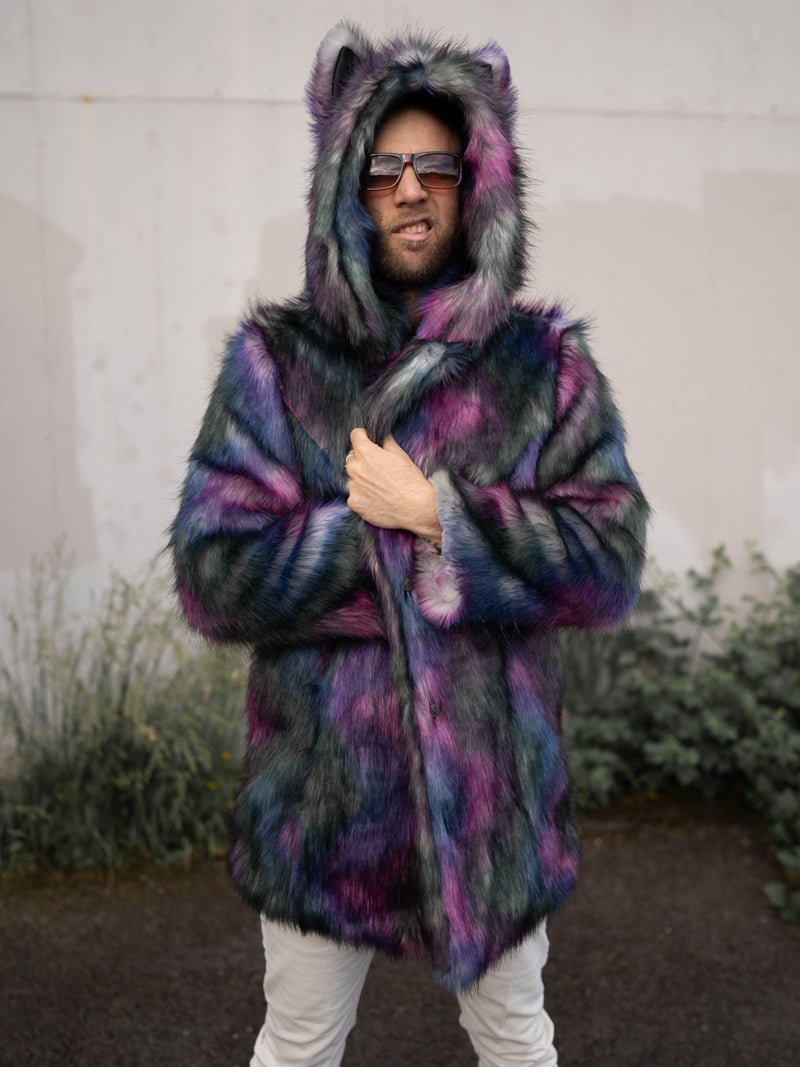 Man wearing Classic Disco Wolf Faux Fur Coat, side view 1