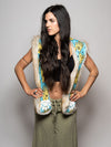 Woman wearing faux fur Golden Hamsa Bear Collector Edition SpiritHood, front view 4