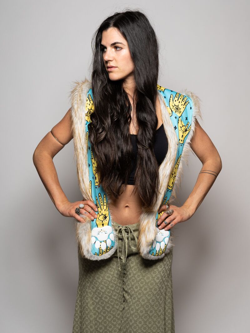 Woman wearing faux fur Golden Hamsa Bear Collector Edition SpiritHood, front view 4