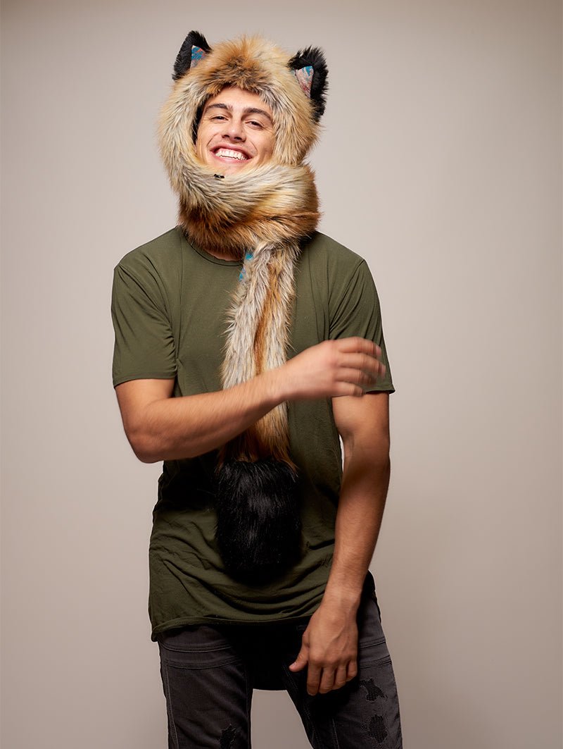 Man wearing faux fur Collector Edition Red Fox 2.0 SpiritHood, front view 3