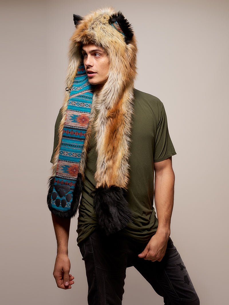 Man wearing faux fur Collector Edition Red Fox 2.0 SpiritHood, side view 1