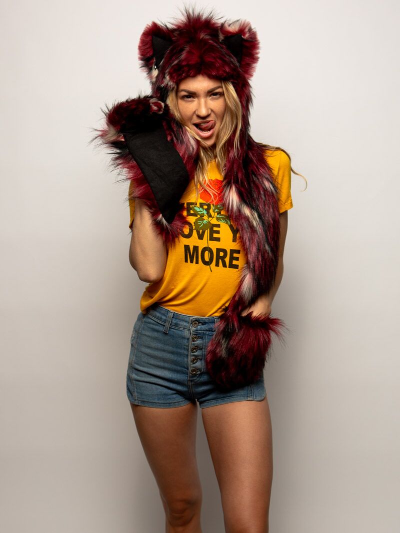 Woman wearing Limited Edition Crimson Moon Wolf Faux Fur SpiritHood, front view 4