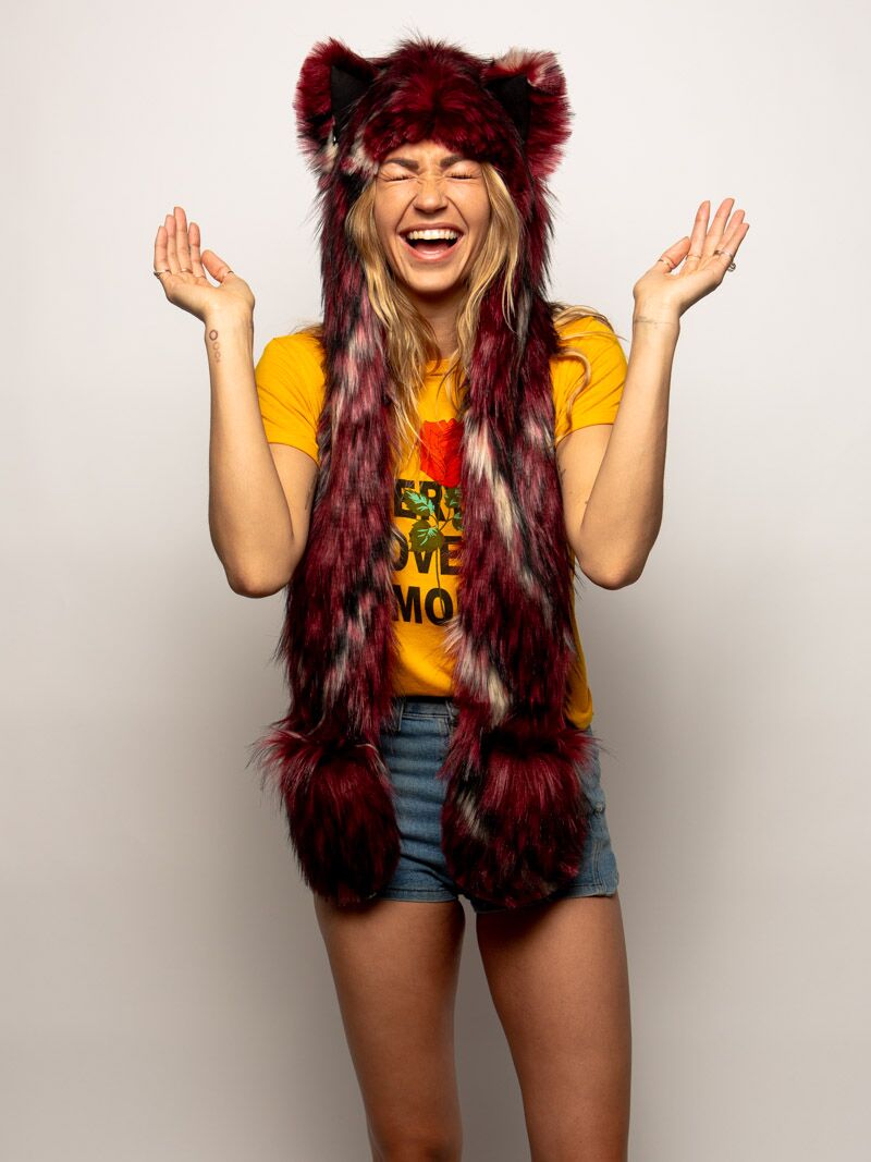 Woman wearing Limited Edition Crimson Moon Wolf Faux Fur SpiritHood