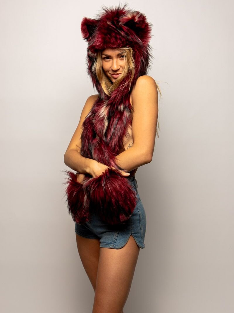 Woman wearing Limited Edition Crimson Moon Wolf Faux Fur SpiritHood, front view 1