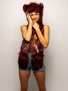 Woman wearing Limited Edition Crimson Moon Wolf Faux Fur SpiritHood, front view 2