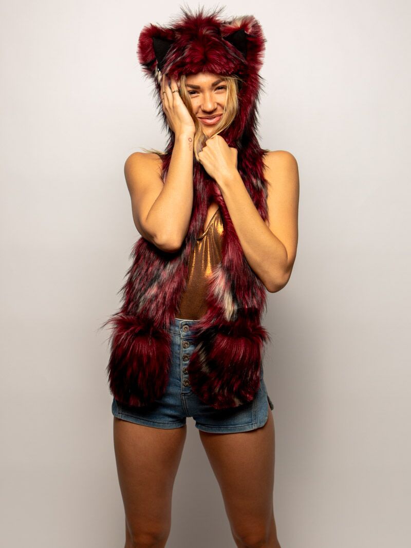 Woman wearing Limited Edition Crimson Moon Wolf Faux Fur SpiritHood, front view 2