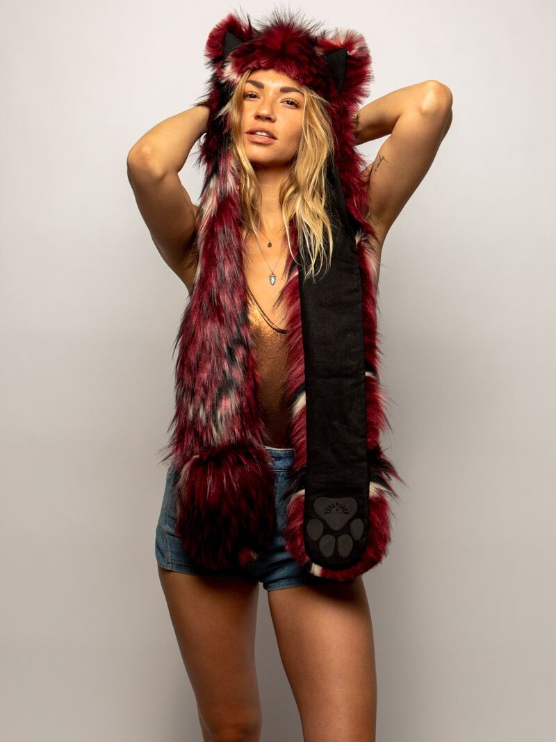 Woman wearing Limited Edition Crimson Moon Wolf Faux Fur SpiritHood, front view 3