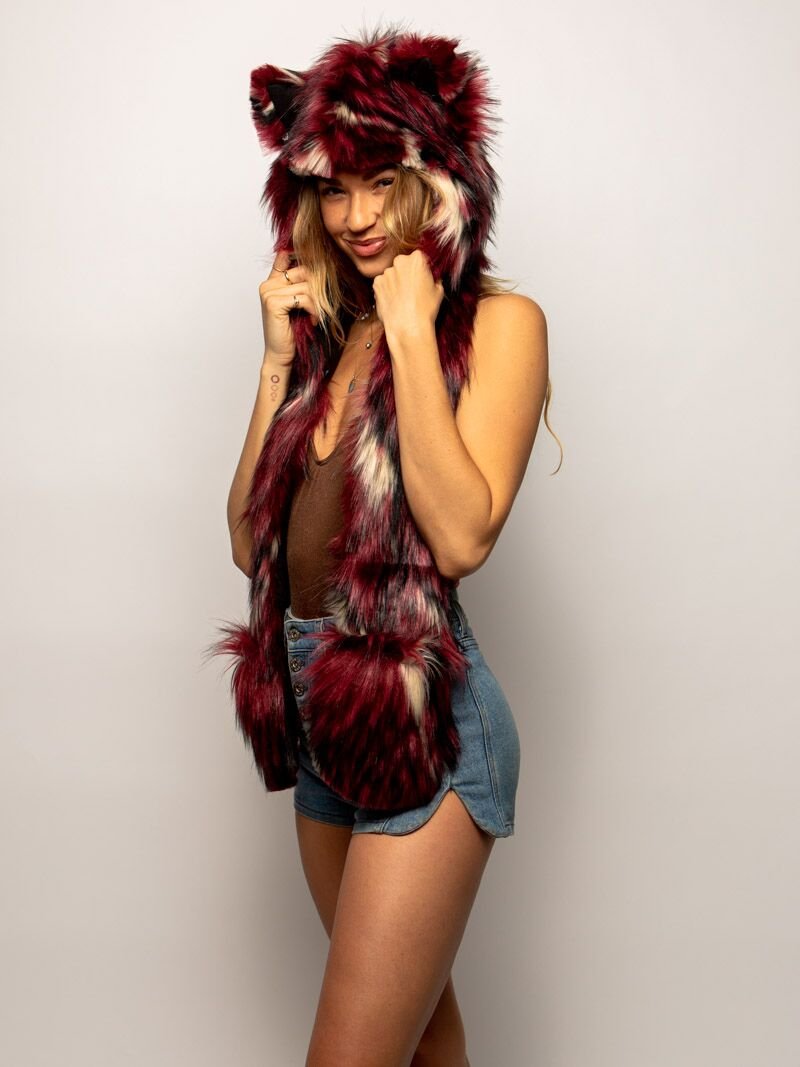 Woman wearing Limited Edition Crimson Moon Wolf Faux Fur SpiritHood, side view