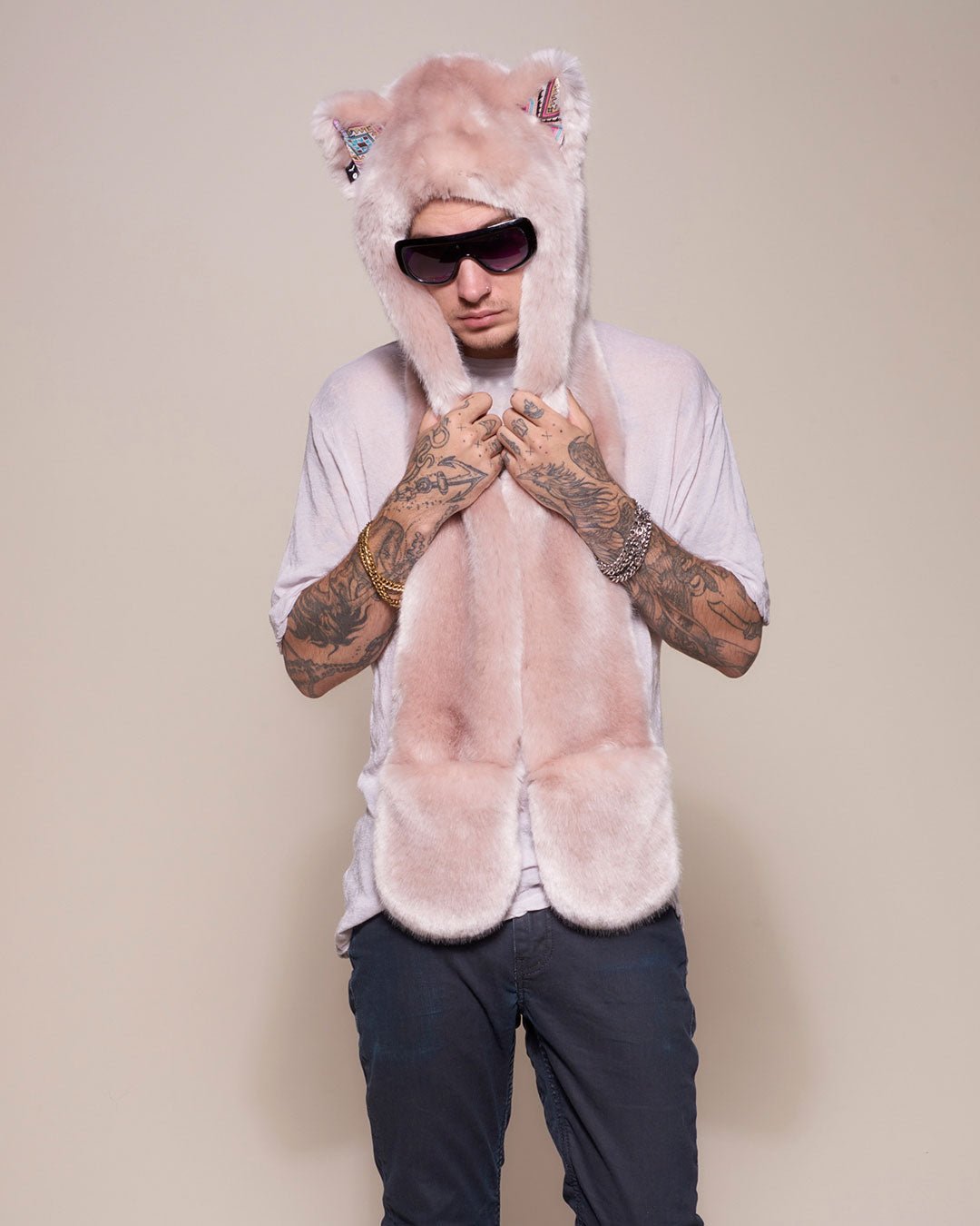 Man wearing faux fur Rose Quartz Wolf Luxe Collector Edition SpiritHood