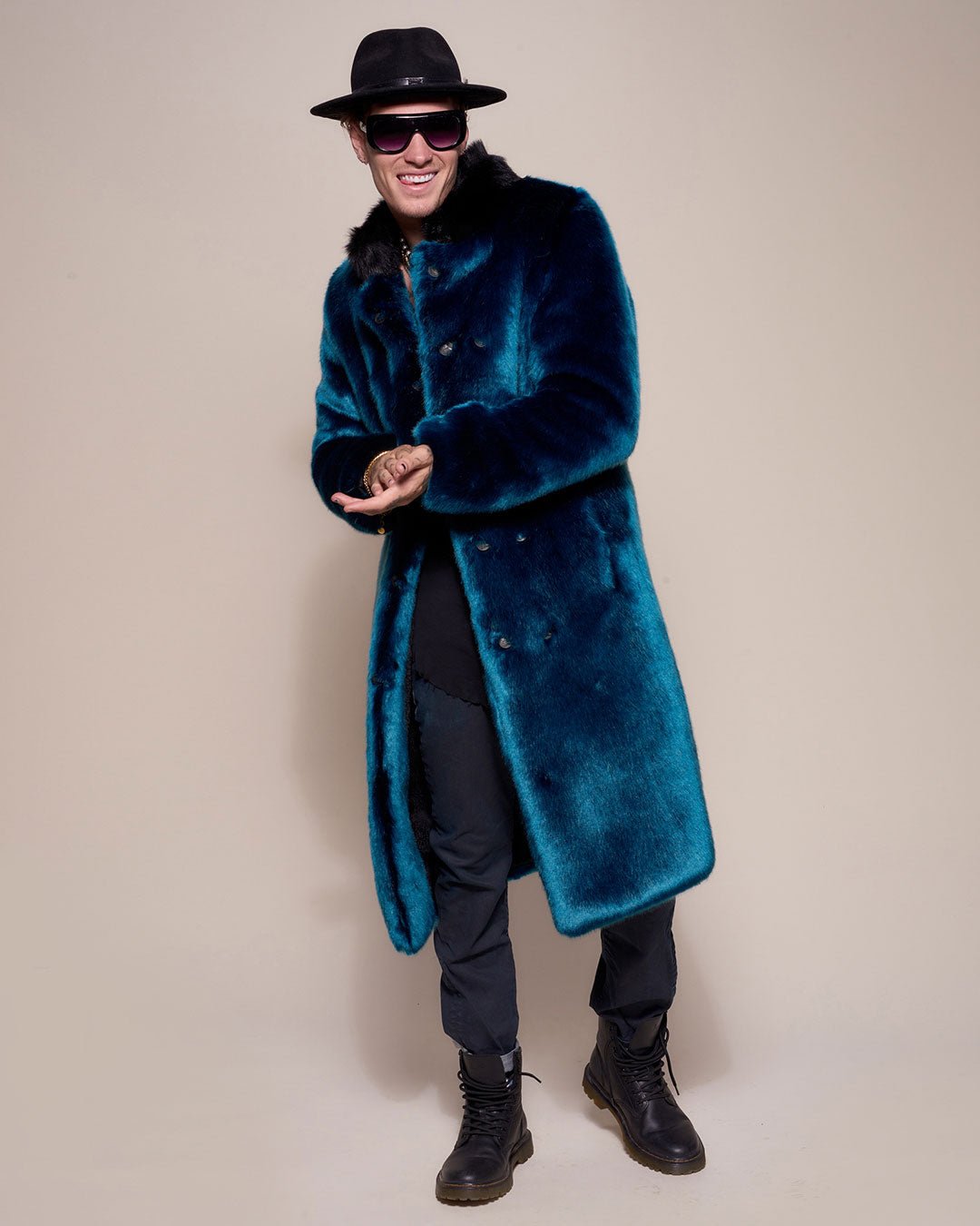 Man wearing Royal Wolf Luxe Calf Length Faux Fur Coat