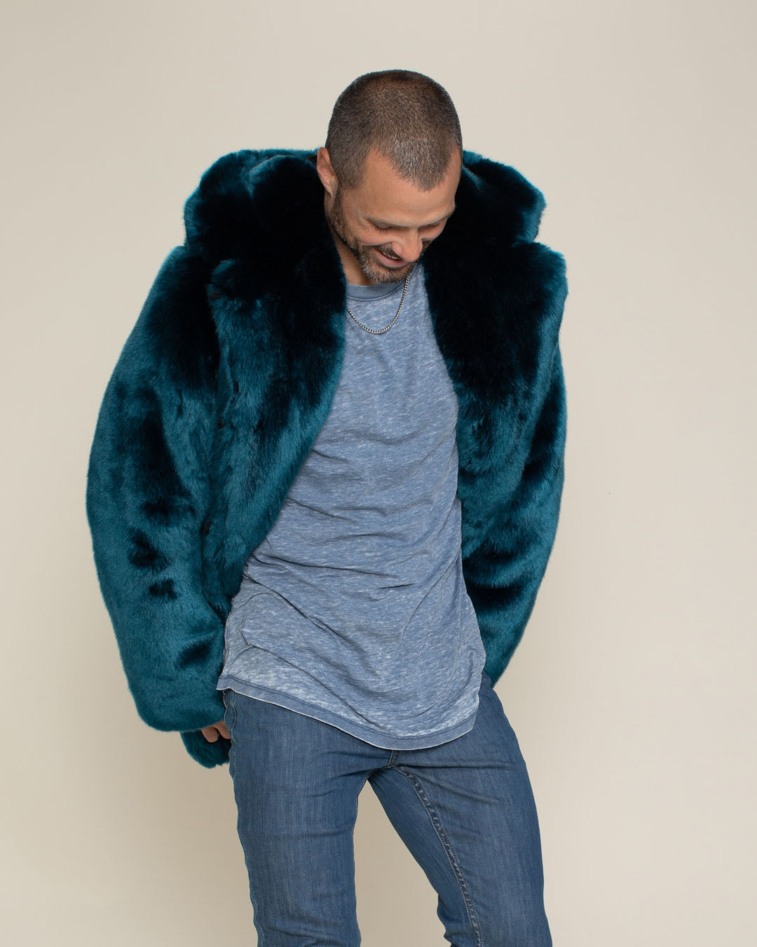 Luxury Wolf Teal Faux Fur Men's Coat with Hood | SpiritHoods