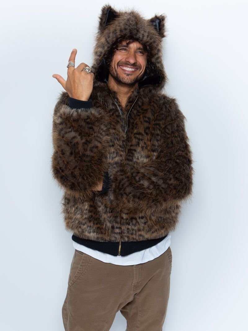 Man wearing Savannah Cat Classic Faux Fur Bomber Jacket, front view