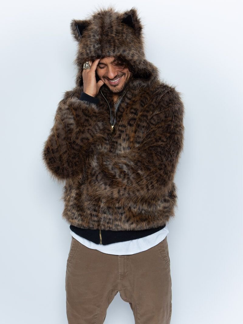 Man wearing Savannah Cat Classic Faux Fur Bomber Jacket, front view 4