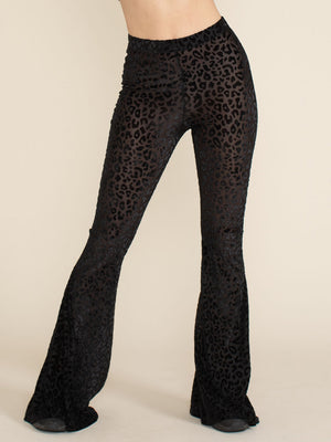 Black Leopard Burnout Velvet Flare Pants | Women's - SpiritHoods