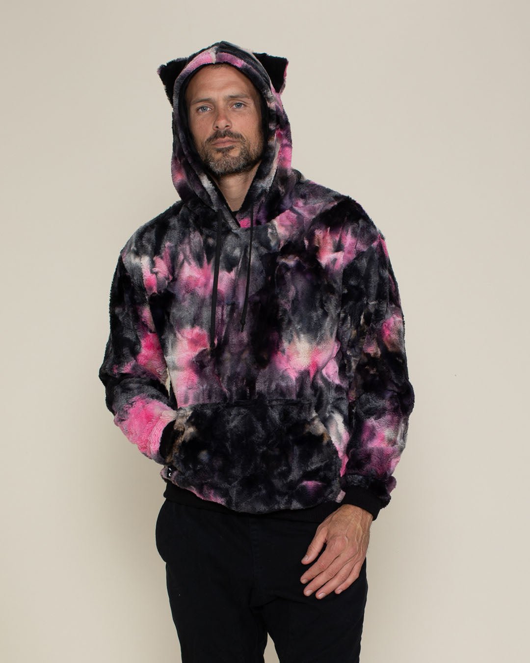 Fur Hoodie in Tie Dye Pink & Black for Men - SpiritHoods