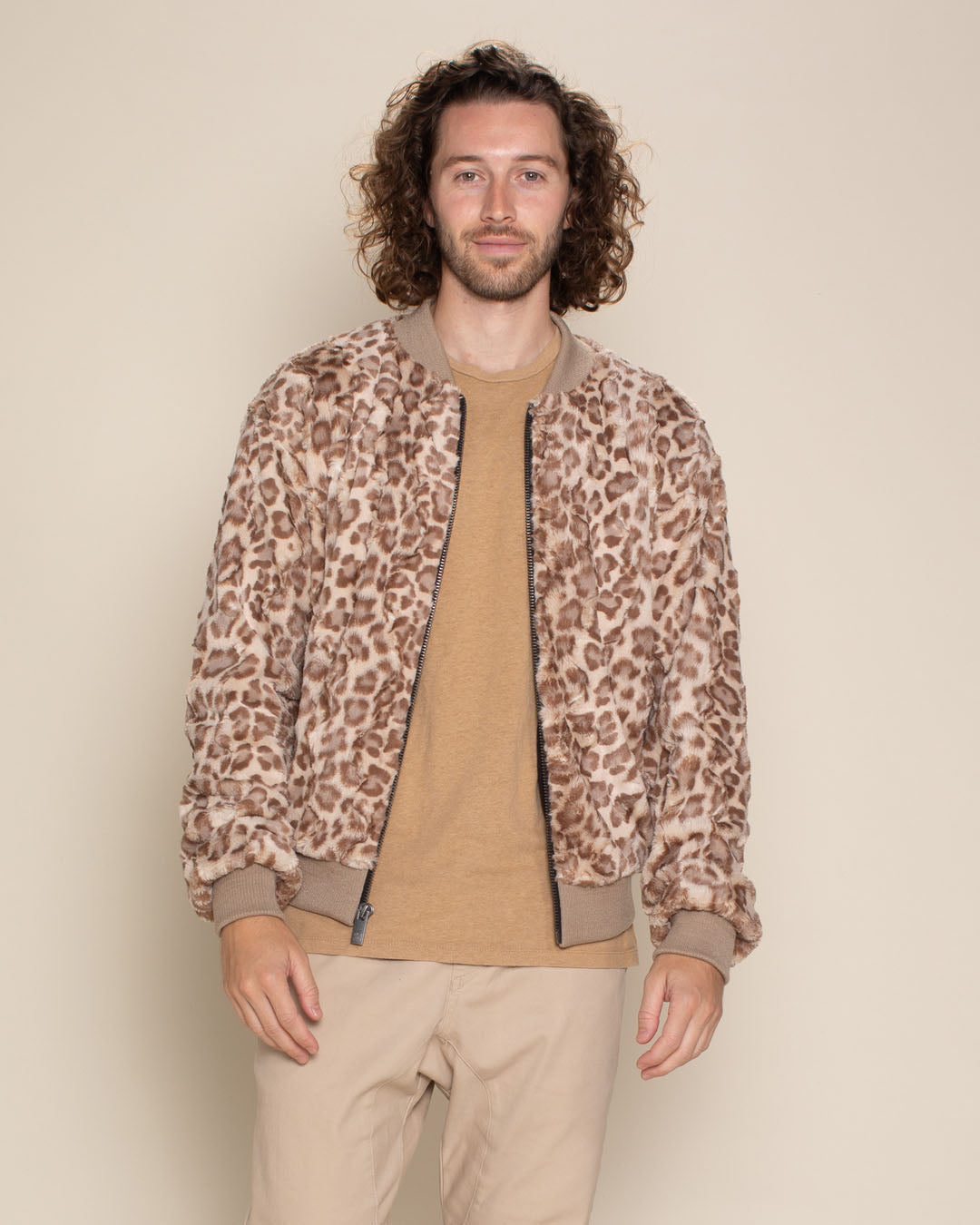 Strawberry Leopard Ultra Soft Faux Fur Bomber Jacket | Men&#39;s