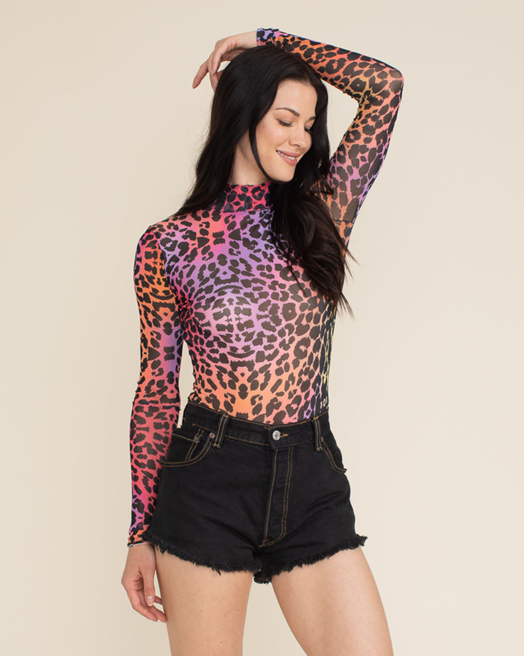 Sunset Leopard Mesh Long Sleeve Bodysuit | Women&#39;s