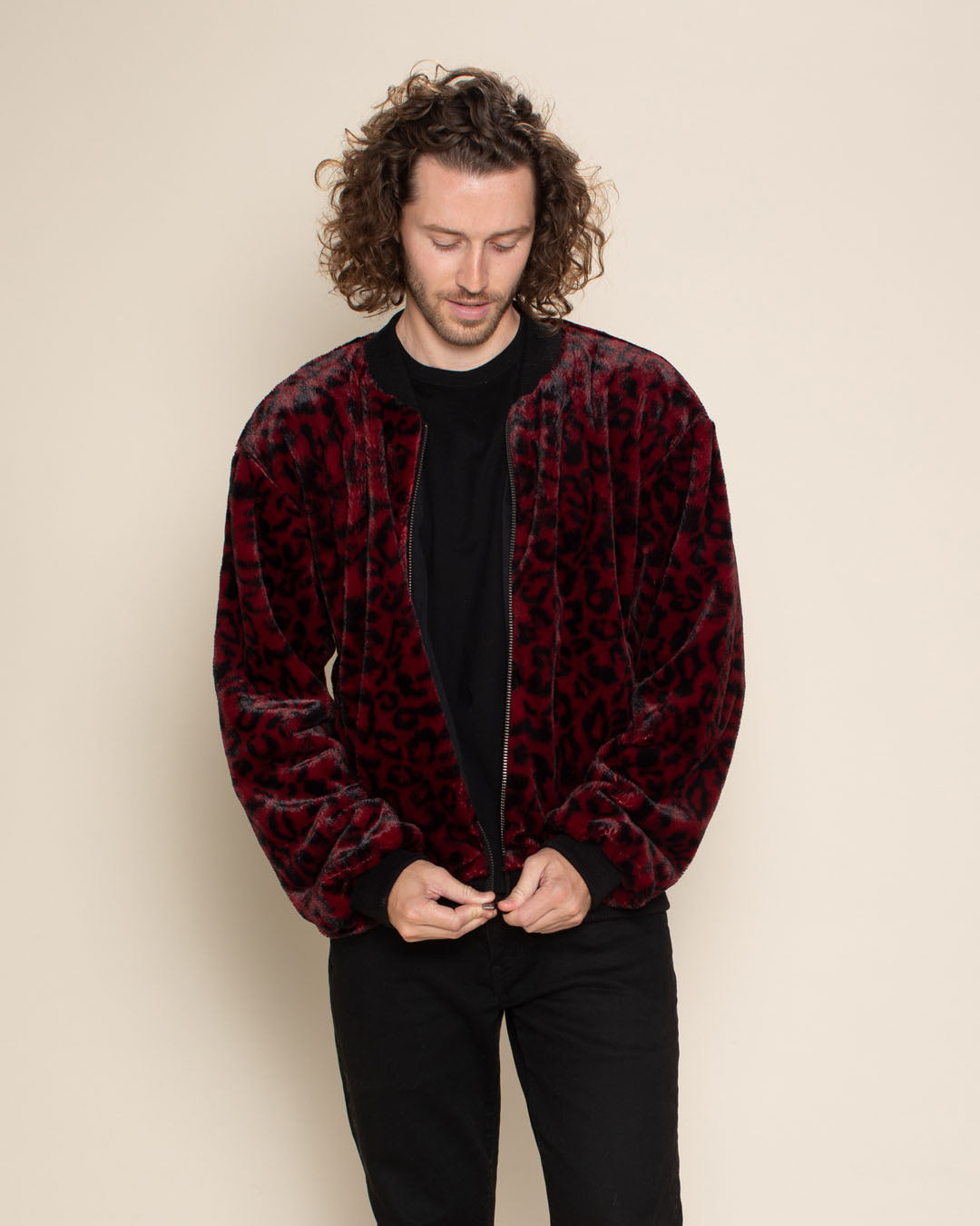 Burgundy Leopard Ultra Soft Faux Fur Bomber Jacket | Men's