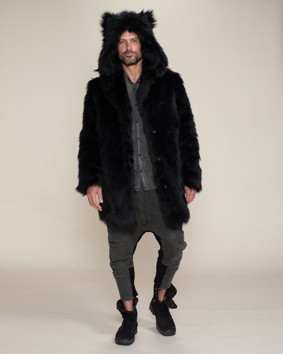 Men's Faux Fur Coat With Hood Black Wolf SpiritHoods