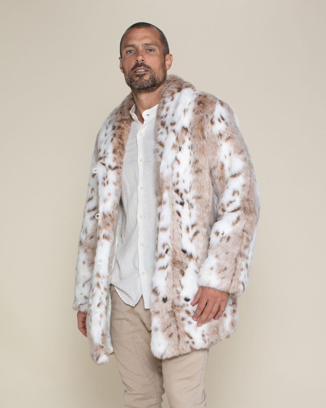 Siberian Snow Leopard Collared Faux Fur Coat | Men&#39;s